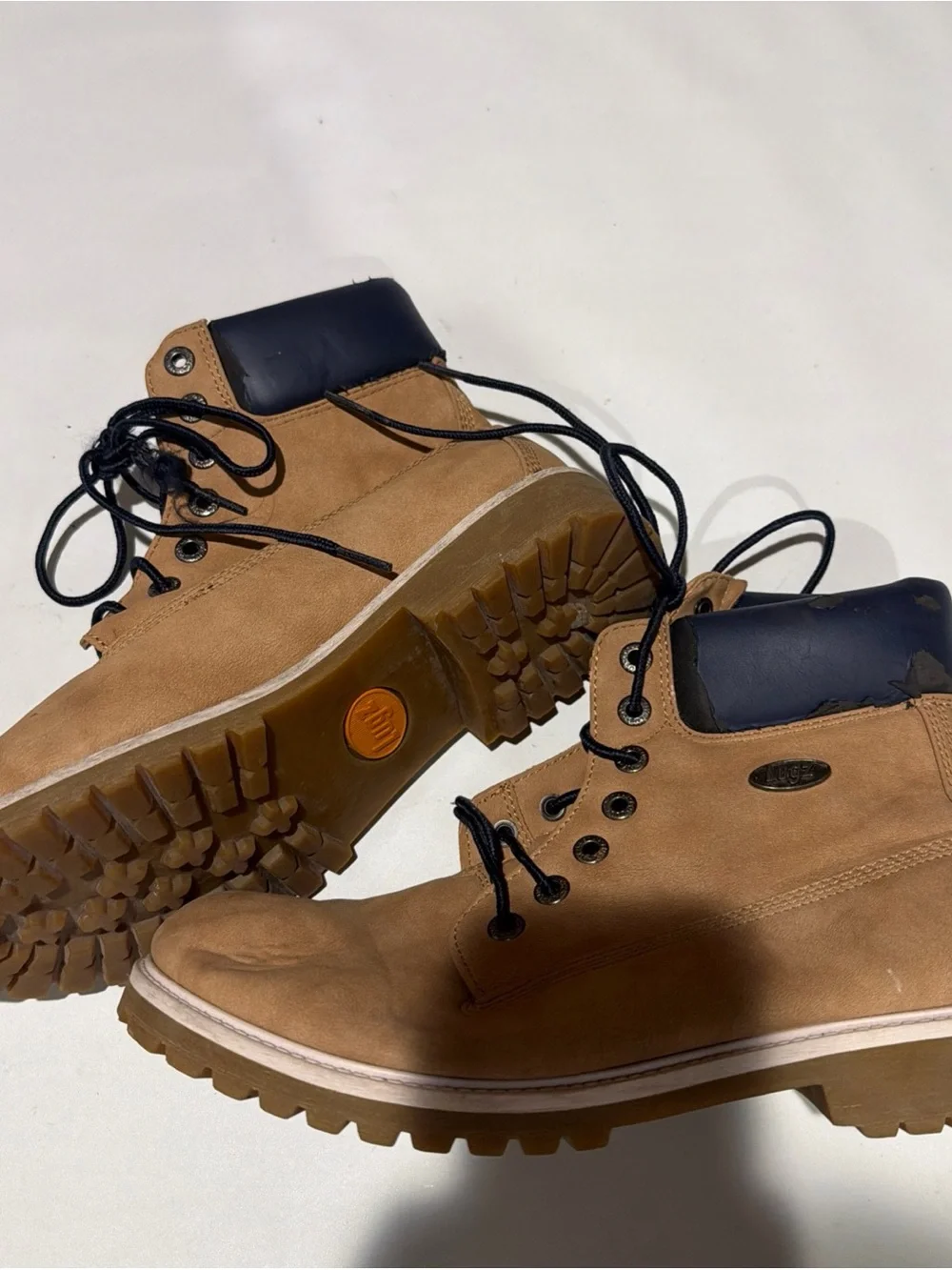 Lugz Tan Work Boots with Navy Collar